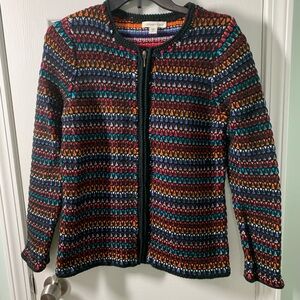 Coldwater Creek Black Knit Zip Cardigan with Multicolor Stripes